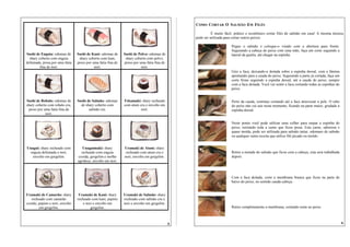 COMO CORTAR O SALMÃO EM FILÉS

                                                                                                           É muito fácil, prático e econômico cortar filés de salmão em casa! A mesma técnica
                                                                                                 pode ser utilizada para cortar outros peixes.

                                                                                                                       Pegue o salmão e coloque-o virado com a abertura para frente.
                                                                                                                       Segurando a cabeça do peixe com uma mão, faça um corte seguindo a
Sushi de Enguia: odomae de       Sushi de Kani: odomae de      Sushi de Polvo: odomae de                               lateral da guelra, até chegar na espinha.
  shary coberto com enguia        shary coberto com kani,       shary coberto com polvo,
defumada, presa por uma fatia    preso por uma fatia fina de   preso por uma fatia fina de
         fina de nori.                      nori.                         nori.
                                                                                                                       Gire a faca, deixando-a deitada sobre a espinha dorsal, com a lâmina
                                                                                                                       apontando para a cauda do peixe. Segurando a parte já cortada, faça um
                                                                                                                       corte firme seguindo a espinha dorsal, até a cauda do peixe, sempre
                                                                                                                       com a faca deitada. Você vai sentir a faca cortando todas as espinhas do
                                                                                                                       peixe.


Sushi de Robalo: odomae de       Sushi de Salmão: odomae       Tekamaki: shary recheado                                Perto da cauda, continue cortando até a faca atravessar a pele. O rabo
shary coberto com robalo cru,      de shary coberto com        com atum cru e envolto em                               do peixe não vai sair neste momento, ficando na parte maior, grudado à
 preso por uma fatia fina de            salmão cru.                      nori.                                         espinha dorsal.
            nori.

                                                                                                                       Neste ponto você pode utilizar uma colher para raspar a espinha do
                                                                                                                       peixe, retirando toda a carne que ficou presa. Esta carne, saborosa e
                                                                                                                       quase moída, pode ser utilizada para salmão tartar, odomaes de salmão
                                                                                                                       ou qualquer outra receita que utilize filé picado ou moído.


Unagui: shary recheado com          Unaguimaki: shary          Uramaki de Atum: shary
  enguia defumada e nori,          recheado com enguia          recheado com atum cru e                                Retire a metade do salmão que ficou com a cabeça, esta será trabalhada
   envolto em gergelim.          cozida, gergelim e molho      nori, envolto em gergelim.                              depois.
                                 agridoce, envolto em nori.



                                                                                                                       Com a faca deitada, corte a membrana branca que ficou na parte de
                                                                                                                       baixo do peixe, no sentido cauda-cabeça.


Uramaki de Camarão: shary         Uramaki de Kani: shary       Uramaki de Salmão: shary
   recheado com camarão          recheado com kani, pepino     recheado com salmão cru e
cozido, pepino e nori, envolto       e nori e envolto em       nori e envolto em gergelim.
        em gergelim.                      gergelim.                                                                    Retire completamente a membrana, cortando rente ao peixe.



                                                                                             5                                                                                                    6
 