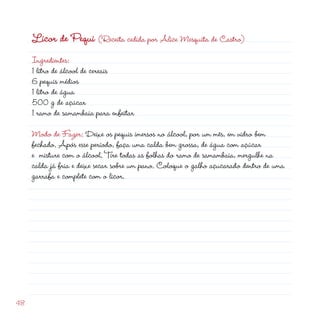 Licor de Pequi (Receita cedida por Alice Mesquita de Castro)
     Ingredientes:
     1 litro de álcool de cereais
     6 pequis médios
     1 litro de água
     500 g de açúcar
     1 ramo de samambaia para enfeitar

     Modo de Fazer: Deixe os pequis imersos no álcool, por um mês, em vidro bem
     fechado. Após esse período, faça uma calda bem grossa, de água com açúcar
     e misture com o álcool. Tire todas as folhas do ramo de samambaia, mergulhe na
     calda já fria e deixe secar sobre um pano. Coloque o galho açucarado dentro de uma
     garrafa e complete com o licor.




48
 