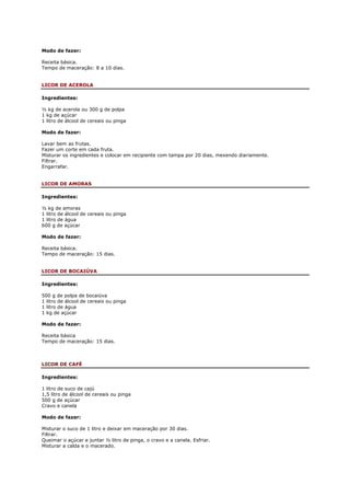 Modo de fazer:

Receita básica.
Tempo de maceração: 8 a 10 dias.


LICOR DE ACEROLA

Ingredientes:

½ kg de acerola ou 300 g de polpa
1 kg de açúcar
1 litro de álcool de cereais ou pinga

Modo de fazer:

Lavar bem as frutas.
Fazer um corte em cada fruta.
Misturar os ingredientes e colocar em recipiente com tampa por 20 dias, mexendo diariamente.
Filtrar.
Engarrafar.


LICOR DE AMORAS

Ingredientes:

½ kg de amoras
1 litro de álcool de cereais ou pinga
1 litro de água
600 g de açúcar

Modo de fazer:

Receita básica.
Tempo de maceração: 15 dias.


LICOR DE BOCAIÚVA

Ingredientes:

500 g de polpa de bocaiúva
1 litro de álcool de cereais ou pinga
1 litro de água
1 kg de açúcar

Modo de fazer:

Receita básica
Tempo de maceração: 15 dias.



LICOR DE CAFÉ

Ingredientes:

1 litro de suco de cajú
1,5 litro de álcool de cereais ou pinga
500 g de açúcar
Cravo e canela

Modo de fazer:

Misturar o suco de 1 litro e deixar em maceração por 30 dias.
Filtrar.
Queimar o açúcar e juntar ½ litro de pinga, o cravo e a canela. Esfriar.
Misturar a calda e o macerado.
 