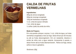 CALDA DE FRUTAS
VERMELHAS
Ingredientes:
300g de amora congelada
300g de morango congelado
125g de framboesa congelada
½ xíc. (chá) de açúcar reﬁnado
1 xíc. (chá) de água
½ colher (café) de amido de milho


Modo de Preparo:
Em uma panela coloque o açúcar, ½ xíc. (chá) de água, as frutas
vermelhas congeladas e leve ao fogo. Deixe ferver por 30 minutos
ou até as frutas descongelarem. Em um recipiente, dissolva o
amido de milho com a água restante. Acrescentar à panela, e
deixar ferver até as frutas desmancharem. Retirar do fogo, deixar
esfriar e levar à geladeira.


Rendimento: 500g
 