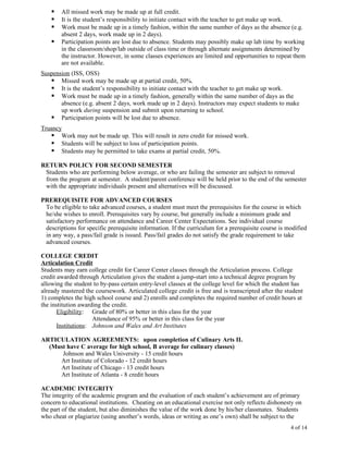    All missed work may be made up at full credit.
       It is the student’s responsibility to initiate contact with the teacher to get make up work.
       Work must be made up in a timely fashion, within the same number of days as the absence (e.g.
        absent 2 days, work made up in 2 days).
       Participation points are lost due to absence. Students may possibly make up lab time by working
        in the classroom/shop/lab outside of class time or through alternate assignments determined by
        the instructor. However, in some classes experiences are limited and opportunities to repeat them
        are not available.
Suspension (ISS, OSS)
    Missed work may be made up at partial credit, 50%.
    It is the student’s responsibility to initiate contact with the teacher to get make up work.
    Work must be made up in a timely fashion, generally within the same number of days as the
       absence (e.g. absent 2 days, work made up in 2 days). Instructors may expect students to make
       up work during suspension and submit upon returning to school.
    Participation points will be lost due to absence.
Truancy
    Work may not be made up. This will result in zero credit for missed work.
    Students will be subject to loss of participation points.
    Students may be permitted to take exams at partial credit, 50%.

RETURN POLICY FOR SECOND SEMESTER
 Students who are performing below average, or who are failing the semester are subject to removal
 from the program at semester. A student/parent conference will be held prior to the end of the semester
 with the appropriate individuals present and alternatives will be discussed.

PREREQUISITE FOR ADVANCED COURSES
 To be eligible to take advanced courses, a student must meet the prerequisites for the course in which
 he/she wishes to enroll. Prerequisites vary by course, but generally include a minimum grade and
 satisfactory performance on attendance and Career Center Expectations. See individual course
 descriptions for specific prerequisite information. If the curriculum for a prerequisite course is modified
 in any way, a pass/fail grade is issued. Pass/fail grades do not satisfy the grade requirement to take
 advanced courses.

COLLEGE CREDIT
Articulation Credit
Students may earn college credit for Career Center classes through the Articulation process. College
credit awarded through Articulation gives the student a jump-start into a technical degree program by
allowing the student to by-pass certain entry-level classes at the college level for which the student has
already mastered the coursework. Articulated college credit is free and is transcripted after the student
1) completes the high school course and 2) enrolls and completes the required number of credit hours at
the institution awarding the credit.
       Eligibility: Grade of 80% or better in this class for the year
                     Attendance of 95% or better in this class for the year
       Institutions: Johnson and Wales and Art Institutes

ARTICULATION AGREEMENTS: upon completion of Culinary Arts II.
  (Must have C average for high school, B average for culinary classes)
      Johnson and Wales University - 15 credit hours
     Art Institute of Colorado - 12 credit hours
     Art Institute of Chicago - 13 credit hours
     Art Institute of Atlanta - 8 credit hours

ACADEMIC INTEGRITY
The integrity of the academic program and the evaluation of each student’s achievement are of primary
concern to educational institutions. Cheating on an educational exercise not only reflects dishonesty on
the part of the student, but also diminishes the value of the work done by his/her classmates. Students
who cheat or plagiarize (using another’s words, ideas or writing as one’s own) shall be subject to the
                                                                                                     4 of 14
 