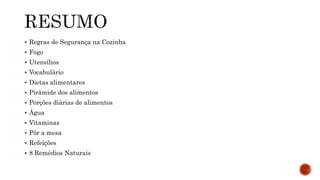  Regras de Segurança na Cozinha 
 Fogo 
 Utensílios 
 Vocabulário 
 Dietas alimentares 
 Pirâmide dos alimentos 
 Porções diárias de alimentos 
 Água 
 Vitaminas 
 Pôr a mesa 
 Refeições 
 8 Remédios Naturais 
 