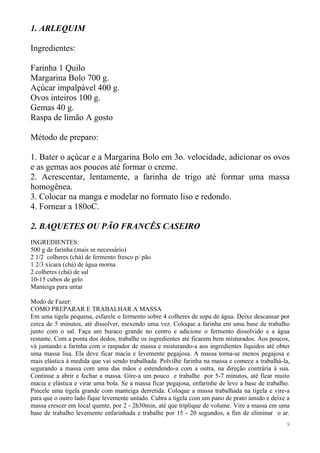 1. ARLEQUIM

Ingredientes:

Farinha 1 Quilo
Margarina Bolo 700 g.
Açúcar impalpável 400 g.
Ovos inteiros 100 g.
Gemas 40 g...