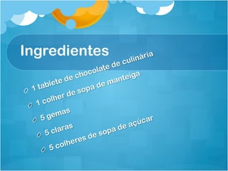 Ingredientes                              ária
                                    culin
                               e de
                         c olat
                  e cho             teig
                                         a
           ete
                d               man
      tabl              p a de
!  1             d e so
          l her
  !  1 co
                 s
          ema
   !  5g                                  úca
                                              r
                                        ç
          clar
                as               a de a
        5                    sop
     !
                     e s de
              o lher
       !  5c
 