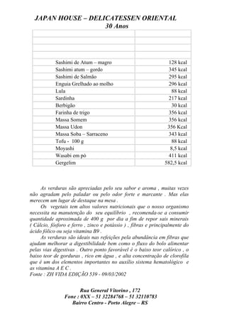 JAPAN HOUSE – DELICATESSEN ORIENTAL
                    30 Anos




            Sashimi de Atum – magro                              128 kcal
            Sashimi atum – gordo                                 345 kcal
            Sashimi de Salmão                                    295 kcal
            Enguia Grelhado ao molho                             296 kcal
            Lula                                                   88 kcal
            Sardinha                                             217 kcal
            Berbigão                                               30 kcal
            Farinha de trigo                                     356 kcal
            Massa Somem                                          356 kcal
            Massa Udon                                          356 Kcal
            Massa Soba – Sarraceno                               343 kcal
            Tofu - 100 g                                           88 kcal
            Moyashi                                               8,5 kcal
            Wasabi em pó                                         411 kcal
            Gergelim                                           582,5 kcal



      As verduras são apreciadas pelo seu sabor e aroma , muitas vezes
não agradam pelo paladar ou pelo odor forte e marcante . Mas elas
merecem um lugar de destaque na mesa .
      Os vegetais tem altos valores nutricionais que o nosso organismo
necessita na manutenção do seu equilíbrio , recomenda-se a consumir
quantidade aproximada de 400 g por dia a fim de repor sais minerais
( Cálcio, fósforo e ferro , zinco e potássio ) , fibras e principalmente do
ácido fólico ou seja vitamina B9 .
      As verduras são ideais nas refeições pela abundância em fibras que
ajudam melhorar a digestibilidade bem como o fluxo do bolo alimentar
pelas vias digestivas . Outro ponto favorável é o baixo teor calórico , o
baixo teor de gorduras , rico em água , e alta concentração de clorofila
que é um dos elementos importantes no auxílio sistema hematológico e
as vitamina A E C .
Fonte : ZH VIDA EDIÇÃO 539 - 09/03/2002


                       Rua General Vitorino , 172
                Fone : 0XX – 51 32284768 – 51 32110783
                   Bairro Centro - Porto Alegre – RS
 