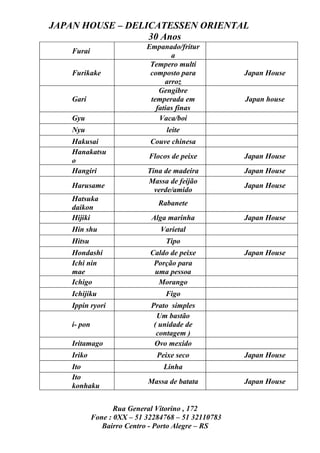 JAPAN HOUSE – DELICATESSEN ORIENTAL
                  30 Anos
                             Empanado/fritur
    Furai
                                     a
                              Tempero multi
    Furikake                  composto para           Japan House
                                   arroz
                                 Gengibre
    Gari                      temperada em            Japan house
                                fatias finas
    Gyu                          Vaca/boi
    Nyu                            leite
    Hakusai                   Couve chinesa
    Hanakatsu
                             Flocos de peixe          Japan House
    o
    Hangiri                  Tina de madeira          Japan House
                             Massa de feijão
    Harusame                                          Japan House
                               verde/amido
    Hatsuka
                                Rabanete
    daikon
    Hijiki                    Alga marinha            Japan House
    Hin shu                      Varietal
    Hitsu                         Tipo
    Hondashi                  Caldo de peixe          Japan House
    Ichi nin                   Porção para
    mae                        uma pessoa
    Ichigo                      Morango
    Ichijiku                      Figo
    Ippin ryori               Prato simples
                                Um bastão
    i- pon                     ( unidade de
                                contagem )
    Iritamago                  Ovo mexido
    Iriko                       Peixe seco            Japan House
    Ito                           Linha
    Ito
                             Massa de batata          Japan House
    konhaku


                    Rua General Vitorino , 172
             Fone : 0XX – 51 32284768 – 51 32110783
                Bairro Centro - Porto Alegre – RS
 