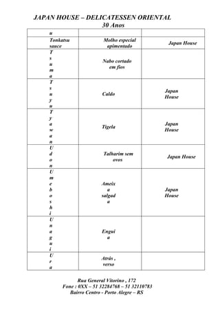 JAPAN HOUSE – DELICATESSEN ORIENTAL
                  30 Anos
    u
    Tonkatsu              Molho especial
                                                   Japan House
    sauce                  apimentado
    T
    s
                          Nabo cortado
    u
                            em fios
    m
    a
    T
    s
                                                  Japan
    u                    Caldo
                                                  House
    y
    u
    T
    y
    a                                             Japan
                         Tigela
    w                                             House
    a
    n
    U
    d                     Talharim sem
                                                  Japan House
    o                         ovos
    n
    U
    m
    e                    Ameix
    b                       a                     Japan
    o                    salgad                   House
    s                       a
    h
    i
    U
    n
    a                    Engui
    g                      a
    u
    i
    U
                         Atrás ,
    r
                         verso
    a

                Rua General Vitorino , 172
         Fone : 0XX – 51 32284768 – 51 32110783
            Bairro Centro - Porto Alegre – RS
 
