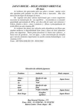 JAPAN HOUSE – DELICATESSEN ORIENTAL
                    30 Anos
     As verduras são apreciadas pelo seu sabor e aroma , muitas vezes
não agradam pelo paladar ou pelo odor forte e marcante . Mas elas
merecem um lugar de destaque na mesa .
     Os vegetais tem altos valores nutricionais que o nosso organismo
necessita na manutenção do seu equilíbrio , recomenda-se a consumir
quantidade aproximada de 400 g por dia a fim de repor sais minerais (
Cálcio, fósforo e ferro , zinco e potássio ) , fibras e principalmente do
ácido fólico ou seja vitamina B9 .
     As verduras são ideais nas refeições pela abundância em fibras que
ajudam melhorar a digestibilidade bem como o fluxo do bolo alimentar
pelas vias digestivas . Outro ponto favorável é o baixo teor calórico , o
baixo teor de gorduras , rico em água , e alta concentração de clorofila
que é um dos elementos importantes no auxílio sistema hematológico e as
vitamina A E C .
Fonte : ZH VIDA EDIÇÃO 539 - 09/03/2002




                    Glossário da culinária japonesa

         Produtos                 tradução                     Onde comprar

         Abura –                  Queijo de soja
                                                                 Japan house
         ague                     frita
         Ao                       Azul
         Atsu –                   Queijo de soja
         ague                     frita
         Azuki                    Feijão vermelho                Japan house
                                     Gengibre
         Beni shoga                                              Japan House
                                     agridoce

                      Rua General Vitorino , 172
               Fone : 0XX – 51 32284768 – 51 32110783
                  Bairro Centro - Porto Alegre – RS
 