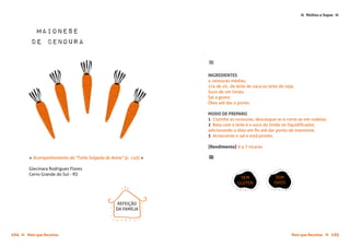 Mais que Receitas ≈ 105104 Mais que Receitas≈
Molhos e Sopas ≈≈
Glecinara Rodrigues Flores
Cerro Grande do Sul - RS
« Acompanhamento da "Torta Salgada de Aveia" (p. 146) »
REFEIÇÃO
DA FAMÍLIA
Maionese
de Cenoura
≈
INGREDIENTES
4 cenouras médias;
1/4 de xíc. de leite de vaca ou leite de soja;
Suco de um limão;
Sal a gosto;
Óleo até dar o ponto.
MODO DE PREPARO
1 Cozinhe as cenouras, descasque-as e corte-as em rodelas;
2 Bata com o leite e o suco do limão no liquidificador,
adicionando o óleo em fio até dar ponto de maionese;
3 Acrescente o sal e está pronto.
{Rendimento} 6 a 7 xícaras
≈
SEM
GLÚTEN
SEM
OVOS
 