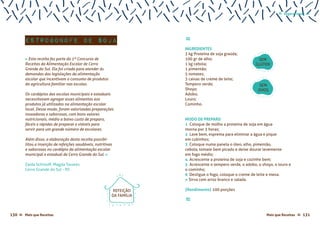 Mais que Receitas ≈ 131130 Mais que Receitas≈
Estrogonofe de Soja
Zaida Schinoff; Magda Tavares
Cerro Grande do Sul - RS
≈
INGREDIENTES
3 kg Proteína de soja graúda;
100 gr de alho;
1 kg cebola;
1 pimentão;
5 tomates;
3 caixas de creme de leite;
Tempero verde;
Shoyo;
Adobo;
Louro;
Cominho.
MODO DE PREPARO
1 Coloque de molho a proteína de soja em água
morna por 3 horas;
2 Lave bem, esprema para eliminar a água e pique
em cubinhos;
3 Coloque numa panela o óleo, alho, pimentão,
cebola, tomate bem picado e deixe dourar levemente
em fogo médio;
4 Acrescente a proteína de soja e cozinhe bem;
5 Acrescente o tempero verde, o adobo, o shoyo, o louro e
o cominho;
6 Desligue o fogo, coloque o creme de leite e mexa.
» Sirva com arroz branco e salada.
{Rendimento} 100 porções
≈
SEM
GLÚTEN
SEM
OVOS
« Esta receita fez parte do 1º Concurso de
Receitas da Alimentação Escolar de Cerro
Grande do Sul. Ela foi criada para atender às
demandas das legislações da alimentação
escolar que incentivam o consumo de produtos
da agricultura familiar nas escolas.
Os cardápios das escolas municipais e estaduais
necessitavam agregar esses alimentos aos
produtos já utilizados na alimentação escolar
local. Desse modo, foram valorizadas preparações
inovadoras e saborosas, com bons valores
nutricionais, médio a baixo custo de preparo,
fáceis e rápidas de preparar e viáveis para
servir para um grande número de escolares.
Além disso, a elaboração desta receita possibi-
litou a inserção de refeições saudáveis, nutritivas
e saborosas no cardápio da alimentação escolar
municipal e estadual de Cerro Grande do Sul. »
REFEIÇÃO
DA FAMÍLIA
Vegetarianas ≈≈
 