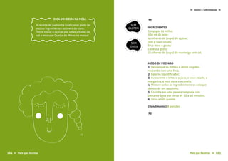 Mais que Receitas ≈ 165
Doces e Sobremesas≈ ≈
≈
INGREDIENTES
5 espigas de milho;
500 ml de leite;
4 colheres de (sopa) de açúcar;
300 g coco ralado;
Erva doce a gosto;
Canela a gosto;
2 colheres de (sopa) de manteiga sem sal.
MODO DE PREPARO
1 Descasque os milhos e retire os grãos,
raspando com uma faca;
2 Bata no liquidificador;
3 Acrescente  o leite,  o açúcar, o coco ralado, a
margarina, a erva doce e a canela; 
4 Misture todos os ingredientes e os coloque
dentro de um saquinho;
5 Cozinhe em uma  panela tampada com
bastante água por cerca de 30 a 40 minutos;
6 Sirva ainda quente.
{Rendimento} 8 porções
≈
SEM
GLÚTEN
SEM
OVOS
A receita de pamonha tradicional pode ter
outros ingredientes ao invés do coco.
Tente trocar o açúcar por umas pitadas de
sal e misturar Queijo de Minas na massa!
DICA DO IDEIAS NA MESA
164 Mais que Receitas≈
 