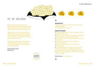 Mais que Receitas ≈ 167166 Mais que Receitas≈
Doces e Sobremesas≈ ≈
≈
INGREDIENTES
1/2kg. de amendoim torrado, descascado e moído;
750gr de rapadura;
½ xíc. de farinha de mandioca
MODO DE PREPARO
1 Dissolva a rapadura em um pouco de água no fogo
até dar ponto de “puxa”;
2 Para isso, teste colocando uma colher de melado na
água e tente juntar com a ponta dos dedos;
3 Se formar uma bolinha macia que não desmancha,
está no ponto;
4 Retire do fogo, aguarde 5 min e adicione o
amendoim triturado;
5 Mexa até a mistura começar a cristalizar na
borda da panela;
6 Polvilhe rapidamente a farinha de mandioca em
uma tábua de madeira e espalhe com uma colher
também de madeira ou com as mãos (tome cuidado
para não se queimar). Agora, é só deixar amornar para
cortar os losangos.
{Rendimento} 25 a 30 pedaços
≈
pé de moleque
Zulma de Jesus Silva
Brasília- DF
« Esta receita veio dos meus bisavôs.
Toda minha família saiu do interior de Minas
Gerais para o norte de Goiás ainda na minha
infância. Moramos lá durante muitos anos.
Não tínhamos acesso a muitos alimentos
diferentes, e por isso, alguns pratos simples
eram a festa da família quando preparados.
A receita é mineira como eu e nunca deixei de
prepará-la para a família.
Hoje faço para meus netos e bisnetos, que
continuam gostando muito e, em alguns
momentos, até me ajudam a preparar este
doce tão gostoso. »
SEM
GLÚTEN
SEM
OVOS
SEM
LEITE
OCASIÕES
ESPECIAIS
 