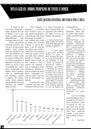 MINAS GERAIS: MODOS PROPRIOS DE VIVER E COMER
LEITE, QUEIJO E MANTEIGA: DO CURRAL PARA A MESA
	
O estado de Minas Gerais é disparado o
maior produtor de leite
do Brasil. É isso o que
mostra o gráfico abaixo,
disponibilizado
pela
Embrapa Gado de Leite.
O leite é um produto
altamente perecível, por
isso deve ser processado
rápido. Como grande
parte dos produtores de
leite são pequenos proprietários rurais, existe
no estado de Minas Gerais muitas cooperativas e
pequenos laticínios, em
ambos os casos o leite
é recolhido por caminhões e levado para esses
lugares onde é pasteurizado ou transformado
em manteiga, queijos
e iogurtes. No entanto,
muitos desses produtos
são produzidos de forma
artesanal nas propriedades mesmas.

	
Para produzir a
manteiga é necessário
antes recolher a nata, ou
seja, a parte mais gordurosa do leite que sobe quando deixado em repouso. A
nata resfriada deve então
ser batida. Nas fazendas
mineiras é comum pendurar a lata de nata em
uma árvore com cordas e
sacudir até virar manteiga,
tarefa que muitas vezes é
executada pelas crianças.
Quando o barulho do
líquido muda ao bater na
lata é porque a nata se
separou em manteiga e
soro. A manteiga é muito
utilizada na culinária mineira no preparo de bolos,
broas e rosquinhas. E o
soro que sobra é aproveitado na alimentação dos
animais.
O queijo talvez seja
o produto que mais faça
referência a Minas Gerais.

O Modo Artesanal de
fazer o Queijo Minas foi
registrado pelo IPHAN
em 2008 no Livro de
Registro dos Saberes:

Saberes(IPHAN).

(...) O modo artesanal de fazer
queijo constitui um conhecimento tradicional e um traço
marcante da identidade cultural dessas regiões. (...)

LEITE INTEGRAL → FILTRAÇÃO ATRAVÉS DE
TECIDOS → ADIÇÕES DE
PINGO E COALHO LÍQUIDO → COAGULAÇÃO →
QUEBRA MANUAL DO
COALHADA → REPOUSO
E DECANTAÇÃO POR 15
MINUTOS → DESSORAGEM DE 2/3 DO VOLUME DO LEITE EM SORO
→ COLETA DA MASSA
NO FUNDO DA TINA →
MOLDAGEM EM FÔRMAS
SOBRE MESA DESSORADORA → PRENSSAGEM
MANUAL COM “FOFAS”
REPETIDAS → PRIMEIRA SALGA → COLETA
DO PINGO → SEGUNDA
SALGA → REMOÇÃO
DO EXCESSO DE SAL
→
DESENFORMAGEM
E “GROSAGEM” COM
RALO → CURTIMENTO
EM PRATELEIRAS À TEMPERATURA
AMBIENTE
DE 5 A 7 DIAS.
(FURTADO, 1993; REIS,
1998)

	
O modo próprio
de fazer queijo de Minas
sintetiza, no queijo do
Serro, no queijo da Canastra, no queijo do Salitre ou
Alto Paranaíba, ou ainda
Cerrado, um conjunto de
experiências, símbolos e
significados que definem
a identidade do mineiro,
reconhecida por todos os
brasileiros. Por se tratar de
um modo de fazer enraizado na comunidade mineira,
o Modo Artesanal de fazer
Queijo Minas é considerado um patrimonio imaterial dos mineiros registrado
no Livro de Registro dos

	
O processo de
fabricação desse tipo
de queijo segue basicamente o seguinte fluxograma:

	
Luís da Câmara
Cascudo publicou em 14
de junho de 1959 na Folha de São Paulo o texto
“O queijo no céu” no
qual narra suas investigações acerca da ligação
entre uma expressão
popular e uma procissão da cidade do Serro –
MG.
	
A
expressão

16

 