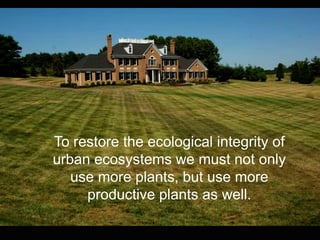 It’s not just the types of plants in our
landscapes that are starving our
birds, it is the amount of plants we
use in suburbia.
                   house
       To restore the ecological integrity of
       urban ecosystems we must not only
          use more plants, but use more
            productive plants as well.
 