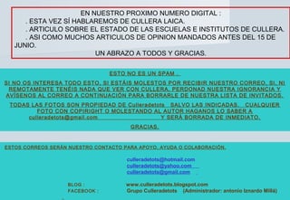 15
EN NUESTRO PROXIMO NUMERO DIGITAL :
. ESTA VEZ SÍ HABLAREMOS DE CULLERA LAICA.
. ARTICULO SOBRE EL ESTADO DE LAS ESCUEL...