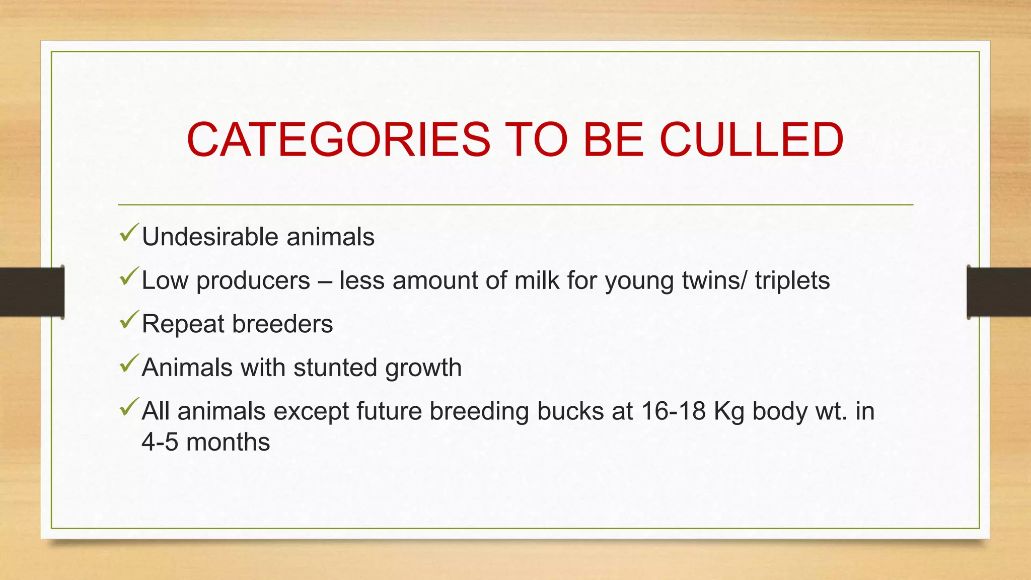 CATEGORIES TO BE CULLED
Undesirable animals
Low producers – less amount of milk for young twins/ triplets
Repeat breeders
Animals with stunted growth
All animals except future breeding bucks at 16-18 Kg body wt. in
4-5 months
 