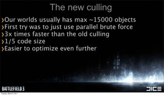 The new culling
›Our worlds usually has max ~15000 objects
›First try was to just use parallel brute force
›3x times faste...