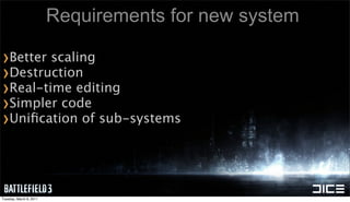 Requirements for new system

›Better scaling
›Destruction
›Real-time editing
›Simpler code
›Uniﬁcation of sub-systems


Tu...