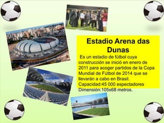 Estadio Arena das
Dunas
Es un estadio de fútbol cuya
construcción se inició en enero de
2011 para acoger partidos de la Copa
Mundial de Fútbol de 2014 que se
llevarán a cabo en Brasil.
Capacidad:45 000 espectadores
Dimensión:105x68 metros.
 