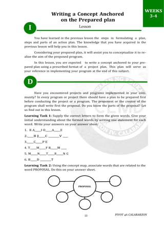 PIVOT 4A CALABARZON
13
WEEKS
3-4
PROPOSAL
Writing a Concept Anchored
on the Prepared plan
You have learned in the previous lesson the steps in formulating a plan,
steps and parts of an action plan. The knowledge that you have acquired in the
previous lesson will help you in this lesson.
Considering your prepared plan, it will assist you to conceptualize it to re-
alize the aim of the proposed program.
In this lesson, you are expected to write a concept anchored to your pre-
pared plan using a prescribed format of a project plan. This plan will serve as
your reference in implementing your program at the end of this subject.
D
Have you encountered projects and programs implemented in your com-
munity? In every program or project there should have a plan to be prepared first
before conducting the project or a program. The proponent or the creator of the
program shall write first the proposal. Do you know the parts of the proposal? Let
us find out in this lesson.
Learning Task 1: Supply the correct letters to form the given words. Give your
initial understanding about the formed words by writing one statement for each
word. Write your answers on your answer sheet.
1. R A I O A E
2. B J C V
3. C P E
4. T M F R M
5. M N T R N G
6. B D T
Learning Task 2: Using the concept map, associate words that are related to the
word PROPOSAL. Do this on your answer sheet.
I Lesson
WEEKS
3-4
 