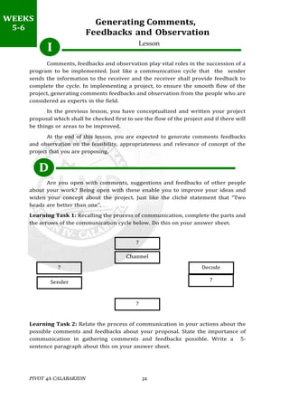 PIVOT 4A CALABARZON 24
? Decode
?
Generating Comments,
Feedbacks and Observation
Lesson
Comments, feedbacks and observation play vital roles in the succession of a
program to be implemented. Just like a communication cycle that the sender
sends the information to the receiver and the receiver shall provide feedback to
complete the cycle. In implementing a project, to ensure the smooth flow of the
project, generating comments feedbacks and observation from the people who are
considered as experts in the field.
In the previous lesson, you have conceptualized and written your project
proposal which shall be checked first to see the flow of the project and if there will
be things or areas to be improved.
At the end of this lesson, you are expected to generate comments feedbacks
and observation on the feasibility, appropriateness and relevance of concept of the
project that you are proposing.
D
Are you open with comments, suggestions and feedbacks of other people
about your work? Being open with these enable you to improve your ideas and
widen your concept about the project. Just like the cliché statement that “Two
heads are better than one”.
Learning Task 1: Recalling the process of communication, complete the parts and
the arrows of the communication cycle below. Do this on your answer sheet.
?
Channel
Learning Task 2: Relate the process of communication in your actions about the
possible comments and feedbacks about your proposal. State the importance of
communication in gathering comments and feedbacks possible. Write a 5-
sentence paragraph about this on your answer sheet.
?
Sender
WEEKS
5-6
I
 
