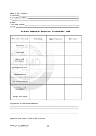 PIVOT 4A CALABARZON 30
Name of the Evaluator:
Occupation:
Proposed Project Title:
Proponent:
School:
Grade and Section:
Strand:
GENERAL FEEDBACKS, COMMENTS AND OBSERVATIONS
Area of the Proposal Feasibility Appropriateness Relevance
Rationale
Objectives
Scope and
Time Frame
Pre-Implementation
Implementation
Post Implementation
Monitoring and
Evaluation
Budget Allocation
Suggestions and Recommendations:
Signature over printed name of the evaluator
 