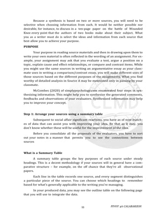 PIVOT 4A CALABARZON
33
Because a synthesis is based on two or more sources, you will need to be
selective when choosing information from each. It would be neither possible nor
desirable, for instance, to discuss in a ten-page paper on the battle of Wounded
Knee every point that the authors of two books make about their subject. What
you as a writer must do is select the ideas and information from each source that
best allow you to achieve your purpose.
PURPOSE
Your purpose in reading source materials and then in drawing upon them to
write your own material is often reflected in the wording of an assignment. For ex-
ample, your assignment may ask that you evaluate a text, argue a position on a
topic, explain cause and effect relationships, or compare and contrast items. While
you might use the same sources in writing an argumentative essay as your class-
mate uses in writing a comparison/contrast essay, you will make different uses of
those sources based on the different purposes of the assignments. What you find
worthy of detailed analysis in Source A may be mentioned only in passing by your
classmate.
McCombes (2020) of simplypsychology.com enumerated four steps in syn-
thesizing information. This might help you to synthesize the generated comments,
feedbacks and observations of your evaluators. Synthesized information may help
you to improve your concept.
Step 1: Arrange your sources using a summary table
Subsequent to social affair significant reactions, you have as of now bunch-
es of data that can assist you with improving your idea. Be that as it may, you
don't know whether these will be useful for the improvement of the idea.
Before you consolidate all the proposals of the evaluators, you have to sort
out your notes in a manner that permits you to see the connections between
sources
What is a Summary Table
A summary table groups the key purposes of each source under steady
headings. This is a decent methodology if your sources will in general have a com-
parative structure – for example, on the off chance that they're all observational
papers.
Each line in the table records one source, and every segment distinguishes
a particular piece of the source. You can choose which headings to remember
based for what's generally applicable to the writing you're managing.
In your produced data, you may see the outline table on the following page
that you will use to integrate the data.
 