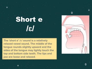 Short e
/ɛ/
The 'short e' /ɛ/ sound is a relatively
relaxed vowel sound. The middle of the
tongue rounds slightly upward and the
sides of the tongue may lightly touch the
top and bottom side teeth. The lips and
jaw are loose and relaxed.
 