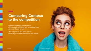 Comparing Contoso
to the competition
Contoso empowers businesses to
communicate efficiently with technology that’s
simple and easy to use.
The competition also offers similar
technology, but their tools aren't user friendly.
7/13/20XX Conference presentation 11
 