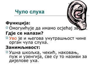 Чуло слуха
Функција:
 Омогуићује да имамо осјећај звука.
Гдје се налази?
 Уво је и његова унутрашњост чине
орган чула слуха.
Занимљивост:
 Ушна шкољка, чекић, наковањ,
пуж и узенгија, све су то називи за
дијелове уха.

 
