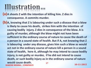(a)A shoots Z with the intention of killing him. Z dies in
consequence. A commits murder.
(b)A, knowing that Z is labouring under such a disease that a blow
is likely to cause his death, strikes him with the intention of
causing bodily injury. Z dies in consequence of the blow. A is
guilty of murder, although the blow might not have been
sufficient in the ordinary course of nature to cause the death of
a person in a sound state of health. But if A, not knowing that Z
is labouring under any disease, gives him such a blow as would
act not in the ordinary course of nature kill a person in a sound
state of health, here A, although he may intend to cause bodily
injury, is not guilty or murder, if he did not intend to cause
death, or such bodily injury as in the ordinary course of nature
would cause death.
10-11-2015RAKESH MISHRA , 15MSFS035
17
 