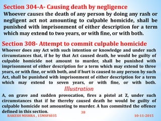 10-11-2015RAKESH MISHRA , 15MSFS035
38
Section 304-A- Causing death by negligence
Whoever causes the death of any person by doing any rash or
negligent act not amounting to culpable homicide, shall be
punished with imprisonment of either description for a term
which may extend to two years, or with fine, or with both.
Section 308- Attempt to commit culpable homicide
Whoever does any Act with such intention or knowledge and under such
circumstances that, if he by that Act caused death, he would be guilty of
culpable homicide not amount to murder, shall be punished with
imprisonment of either description for a term which may extend to three
years, or with fine, or with both, and if hurt is caused to any person by such
Act, shall be punished with imprisonment of either description for a term
which may extend to seven years, or with fine, or with both.
Illustration
A, on grave and sudden provocation, fires a pistol at Z, under such
circumstances that if he thereby caused death he would be guilty of
culpable homicide not amounting to murder. A has committed the offence
defined in this section.
 