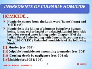HOMICIDE…
 Homicide comes from the Latin word ‘homo’ (man) and
‘cidi’(I cut).
 Homicide is the killing of a human being by a human
being. It may either lawful or unlawful. Lawful homicide
includes several cases falling under Chapter IV of the
Indian Penal Code dealing with General Exceptions (sec.
76 to 106 Of I.P.C.). Unlawful homicide is of the following
kinds..
(i) Murder (sec. 302);
(ii)Culpable homicide not amounting to murder (sec. 304);
(iii)Causing death by negligence (sec. 304 A);
(iv)Suicide (sec.305 & 306).
INGREDIENTS OF CULPABLE HOMICIDE
10-11-2015
RAKESH MISHRA , 15MSFS035
7
 