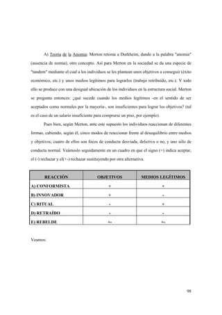 98
A) Teoría de la Anomia: Merton retoma a Durkheim, dando a la palabra "anomia"
(ausencia de norma), otro concepto. Así para Merton en la sociedad se da una especie de
"tandem" mediante el cual a los individuos se les plantean unos objetivos a conseguir (éxito
económico, etc.) y unos medios legítimos para lograrlos (trabajo retribuído, etc.). Y todo
ello se produce con una desigual ubicación de los individuos en la estructura social. Merton
se pregunta entonces: ¿qué sucede cuando los medios legítimos -en el sentido de ser
aceptados como normales por la mayoría-, son insuficientes para lograr los objetivos? (tal
es el caso de un salario insuficiente para comprarse un piso, por ejemplo).
Pues bien, según Merton, ante este supuesto los individuos reaccionan de diferentes
formas, cabiendo, según él, cinco modos de reaccionar frente al desequilibrio entre medios
y objetivos; cuatro de ellos son focos de conducta desviada, delictiva o no, y uno sólo de
conducta normal. Veámoslo seguidamente en un cuadro en que el signo (+) indica aceptar,
el (-) rechazar y el(+-) rechazar sustituyendo por otra alternativa.
REACCIÓN OBJETIVOS MEDIOS LEGÍTIMOS
A) CONFORMISTA + +
B) INNOVADOR + -
C) RITUAL - +
D) RETRAÍDO - -
E) REBELDE +- +-
Veamos:
 