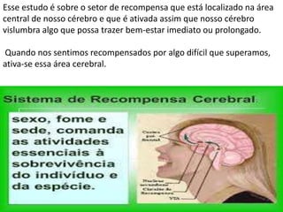 Esse estudo é sobre o setor de recompensa que está localizado na área
central de nosso cérebro e que é ativada assim que nosso cérebro
vislumbra algo que possa trazer bem-estar imediato ou prolongado.
Quando nos sentimos recompensados por algo difícil que superamos,
ativa-se essa área cerebral.
 