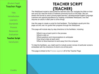 TEACHER SCRIPT (TEACHER) [ Student Page ] Title Introduction Learners Standards Process Resources Credits Teacher Page The WebQuest model is best suited for learners who can navigate the Web on their own and can read the kinds of material commonly found on the Web. We can stretch the format to reach primary-aged learners, developmental English Language Learners and special populations by creating a facilitated WebQuest, one that requires an adult or older peer to drive things. Use this page to create a script for that facilitator. The facilitator would print this page out and use it to guide their progress through the WebQuest. This page will include step by step directions to the facilitator, including: What to say at each point in the process What to click on What questions and misconceptions to anticipate How long to take at each point When to direct learners to work away from the computer To help the facilitator, you might want to include screen dumps of particular screens embedded with the directions of what to do at that point. This page is linked to the  Process segment  off of the Teacher Page Evaluation Teacher Script Conclusion 