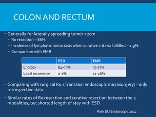 COLON AND RECTUM
 Generally for laterally spreading tumor >2cm
 R0 resection – 88%
 Incidence of lymphatic metastasis when curative criteria fulfilled – 1.9%
 Comparison with EMR
 Comparing with surgical Rx. (Transanal endoscopic microsurgery) - only
retrospective data
 Similar rates of R0 resection and curative resection between the 2
modalities, but shorted length of stay with ESD.
ESD EMR
Enblock 84-95% 33-57%
Local recurrence 0-2% 12-26%
Park SU Endoscopy 2012
 
