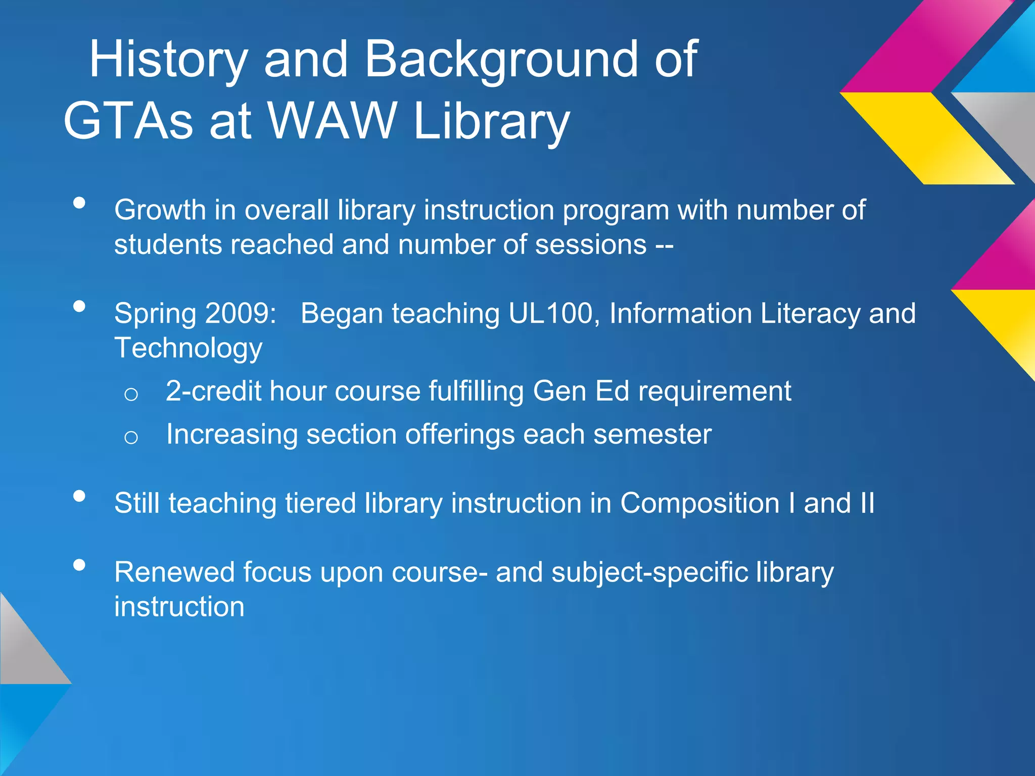 History and Background of
GTAs at WAW Library
•   Growth in overall library instruction program with number of
    students reached and number of sessions --

•   Spring 2009: Began teaching UL100, Information Literacy and
    Technology
    o 2-credit hour course fulfilling Gen Ed requirement
    o Increasing section offerings each semester

•   Still teaching tiered library instruction in Composition I and II

•   Renewed focus upon course- and subject-specific library
    instruction
 