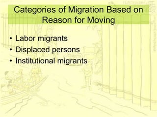 Categories of Migration Based on
Reason for Moving
• Labor migrants
• Displaced persons
• Institutional migrants
 