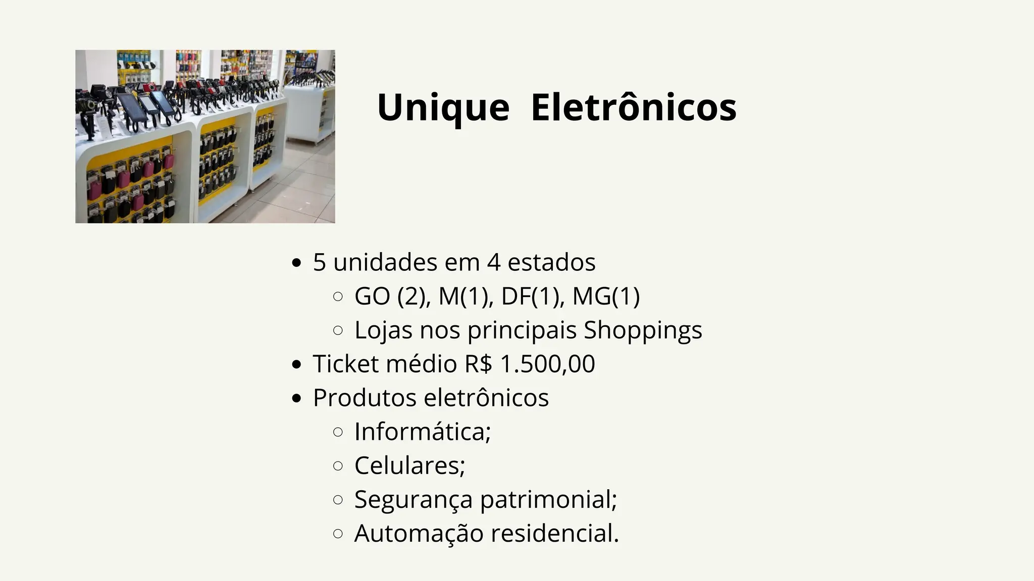 Unique Eletrônicos
5 unidades em 4 estados
GO (2), M(1), DF(1), MG(1)
Lojas nos principais Shoppings
Ticket médio R$ 1.500,00
Produtos eletrônicos
Informática;
Celulares;
Segurança patrimonial;
Automação residencial.
 