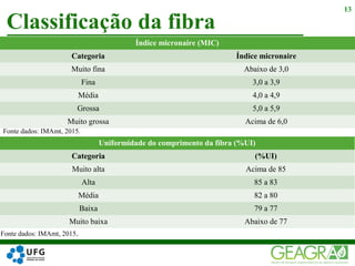Classificação da fibra
13
Índice micronaire (MIC)
Categoria Índice micronaire
Muito fina Abaixo de 3,0
Fina 3,0 a 3,9
Média 4,0 a 4,9
Grossa 5,0 a 5,9
Muito grossa Acima de 6,0
Uniformidade do comprimento da fibra (%UI)
Categoria (%UI)
Muito alta Acima de 85
Alta 85 a 83
Média 82 a 80
Baixa 79 a 77
Muito baixa Abaixo de 77
Fonte dados: IMAmt, 2015.
Fonte dados: IMAmt, 2015.
 