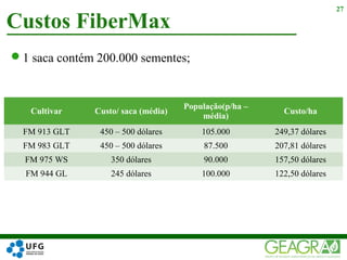 1 saca contém 200.000 sementes;
Custos FiberMax
27
Cultivar Custo/ saca (média)
População(p/ha –
média)
Custo/ha
FM 913 GLT 450 – 500 dólares 105.000 249,37 dólares
FM 983 GLT 450 – 500 dólares 87.500 207,81 dólares
FM 975 WS 350 dólares 90.000 157,50 dólares
FM 944 GL 245 dólares 100.000 122,50 dólares
 