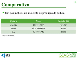 Um dos motivos do alto custo de produção da cultura.
Comparativo
28
Cultura Nome Custo/ha (R$)
Algodão FM 913 GLT 981,24*
Milho DKB 390 PRO3 367,00
Soja AS 3730 IPRO 350,00
* Dólar a R$ 3,9349.
 