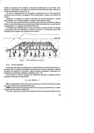 bambú ou calquera outro material, colocados paralelamente ou formando unha
grade ou emparrillado, e armados nos extremos emerxentes de vigas, estacas ou
columnas clavadas no fondo (Fig. 4).
En xeral, os parques fixos son alongados, mantendo entre si unha separación
suficiente para permiti-la navegación das embarcacións usadas nas faenas de
cultivo.
Utilízanse en badías ou esteiros tranquilos, de pouca pendente e escasa
profundidade, con correntes débiles e escaso coeficiente de marea.
En función das características bio-ecolóxicas das especies cultivadas, pódense
utilizar na zona intermareal ou submareal para instala-los colectores, ou para realiza-
lo preengorde ou o engorde de distintos moluscos.
En España son utilizados para o cultivo de mexillón no Delta do Ebro: En Xapón
e Cuba para ubica-los colectores e cultivos de ostras. En Venezuela tamén son
utilizados como soporte dos colectores de mexillón.
-(~>
Figura 4. Cultivo suspendido en viveiro fixo.
2.3.2. Viveiros flotantes:
A estructura de soporte, consistente nun emparrillado ou en cabos horizontais, vai
armada sobre un sistema de flotación construido con diversos materiais: madeira
recuberta de alquitrán ou cemento, espuma plástica (poliespan, poliuretano ou
poliestireno expandidos), poliester, polietileno, ferro, etc.
Para calcular o volume requirido dos flotadores aplícase a seguinte fórmula
baseada no principio de Arquímides:
V = (CR / DPMV) + T
CR é a capacidade real de carga, que se calcula en función do número de cordas
e do peso máximo que soportará cada unha.
DPMV é a disminución do peso da materiaviva na auga, que é próxima a 5. Tamén
se pode calcular experimentalmente.
Té a tara, valor que se obtén por pesada de toda a estructura de soporte ou por
63
 