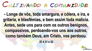 - Longe de vós, toda amargura, e cólera, e ira, e- Longe de vós, toda amargura, e cólera, e ira, e
gritaria, e blasfêmias, e bem assim toda malícia.gritaria, e blasfêmias, e bem assim toda malícia.
Antes, sede uns para com os outros benignos,Antes, sede uns para com os outros benignos,
compassivos, perdoando-vos uns aos outros,compassivos, perdoando-vos uns aos outros,
como também Deus, em Cristo, vos perdoou.como também Deus, em Cristo, vos perdoou.
Ef 4.31 e 32Ef 4.31 e 32
 