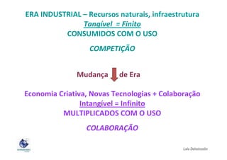 ERA INDUSTRIAL – Recursos naturais, infraestrutura
Tangível = Finito
CONSUMIDOS COM O USO
COMPETIÇÃO
Mudança

de Era

Economia Criativa, Novas Tecnologias + Colaboração
Intangível = Infinito
MULTIPLICADOS COM O USO
COLABORAÇÃO
Lala Deheinzelin

 