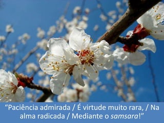 “Paciênciaadmirada / É virtudemuitorara, / Na alma radicada / Mediante o samsara!”