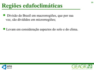  Divisão do Brasil em macrorregiões, que por sua
vez, são divididos em microrregiões;
Levam em consideração aspectos do solo e do clima.
Regiões edafoclimáticas
10
 