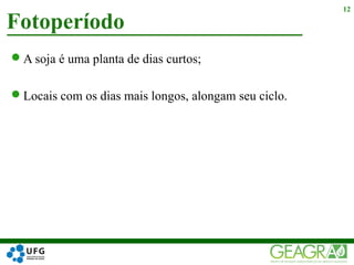 A soja é uma planta de dias curtos;
Locais com os dias mais longos, alongam seu ciclo.
Fotoperíodo
12
 
