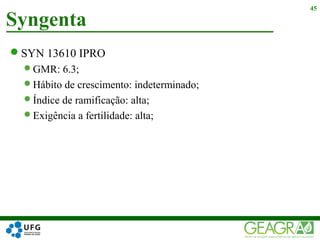 SYN 13610 IPRO
GMR: 6.3;
Hábito de crescimento: indeterminado;
Índice de ramificação: alta;
Exigência a fertilidade: alta;
Syngenta
45
 